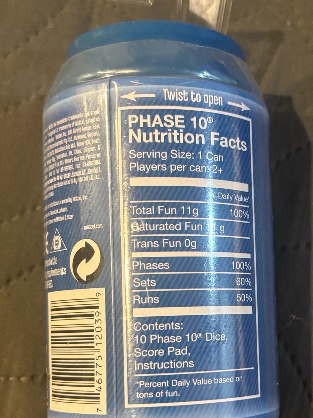 NEW/SEALED Phase 10 Dice Game Blue Tin Soda Can - 2012 Mattel Games - Picture 4 of 6